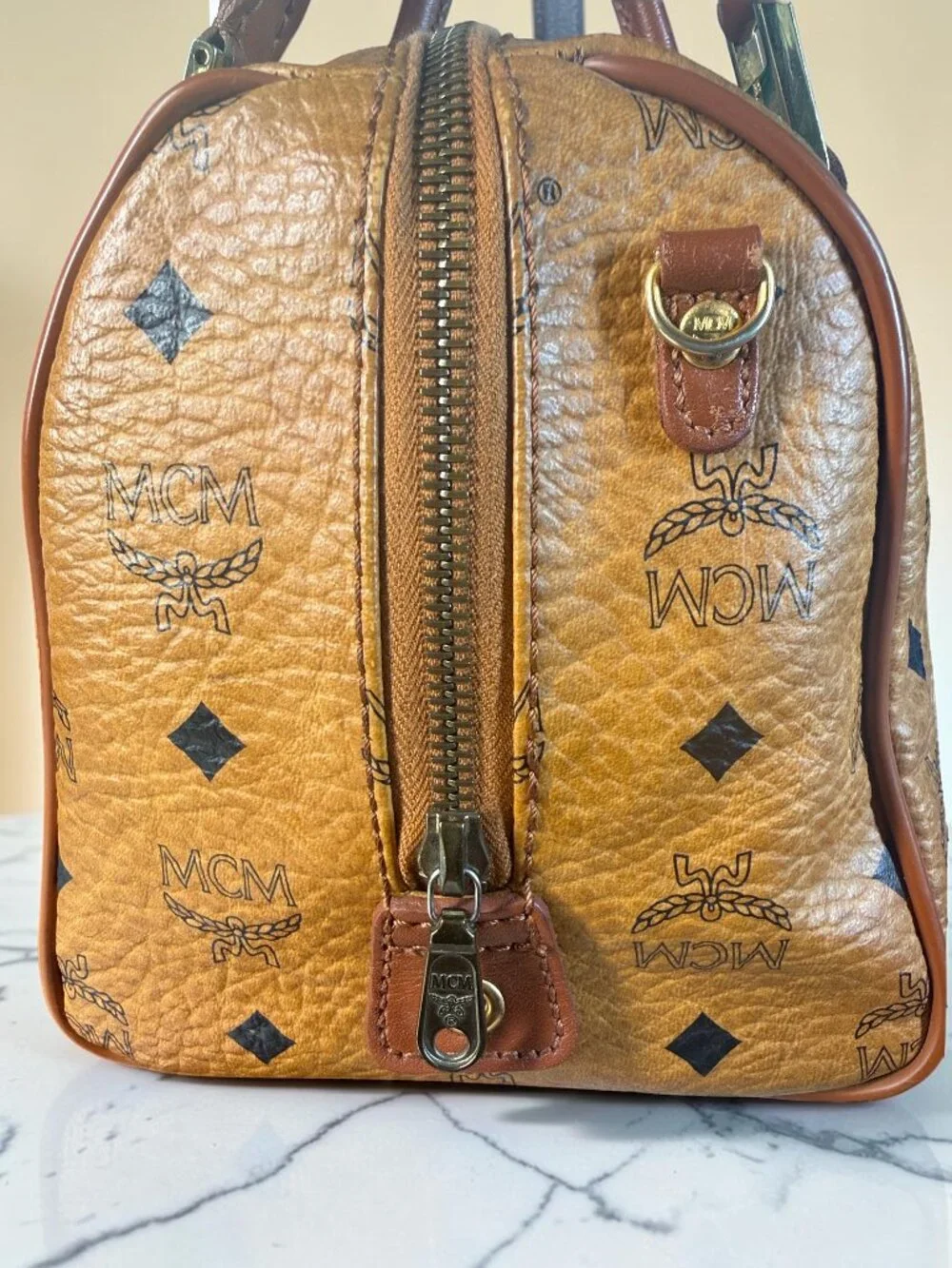 MCM Vintage Visetos Cognac Coated Canvas Boston Satchel Handbag with COA